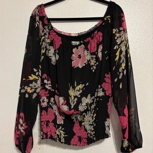 Charter Club Black Floral Off‑Shoulder Blouse with Pink and Cream Accents